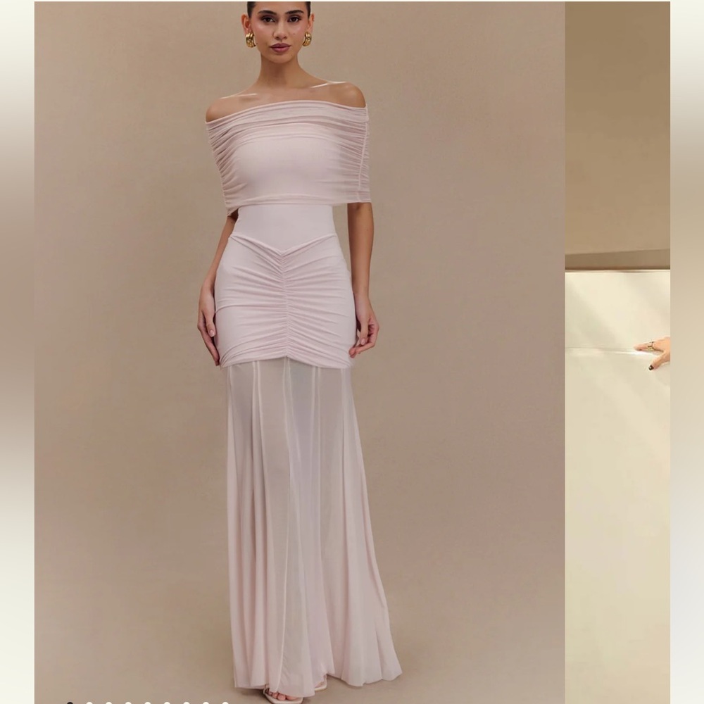 Meshki Caspian Blush Pink Off-Shoulder Ruched Mesh Gown